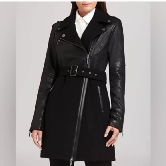 BCBGMAXAZRIA JOHNNA BLACK WOOL / LEATHER LONG MOTO JACKET SMALL - Picture 1 of 8